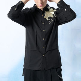 Embroidery Mens Fashion Casual Shirts Long Sleeve 100% Cotton Black Color