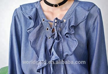 Breathable Young Ladies Long Ruffle Sleeves Tops Dark Blue Color Casual Style